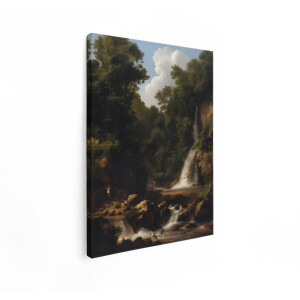 Artaza Canvas Schilderij Schilderachtig Landschap met Waterval en twee Figuren in een Bosrijke Omgeving - 60x80 cm - Wanddecoratie Woonkamer - Schilderijen - Muurdecoratie