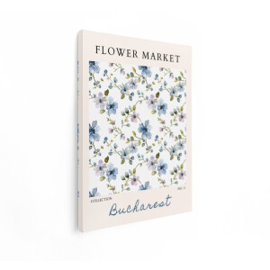 Artaza Canvas Schilderij Delicaat Aquarelbloempatroon met Blauwe en Paarse Bloemen en Groene Bladeren - 60x80 cm - Wanddecoratie Woonkamer - Schilderijen - Muurdecoratie