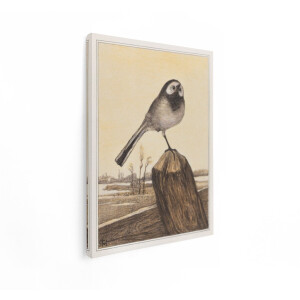 Artaza Canvas Schilderij Gedetailleerde Tekening van een Kwikstaartje Zittend op een Houten Paal in de Natuur - 90x120 cm - Groot - Wanddecoratie Woonkamer - Schilderijen - Muurdecoratie