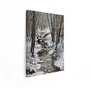 Artaza Canvas Schilderij Winter Bos - 60x80 cm - Wanddecoratie Besneeuwde Beek - Muurdecoratie Natuur Landschap - Decoratie Woonkamer