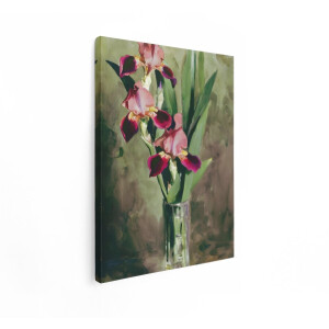 Artaza Canvas Schilderij Schilderij van Roze en Paarse Irissen in een Glazen Vaas - Impressionistische Stijl - 60x80 cm - Wanddecoratie Woonkamer - Schilderijen - Muurdecoratie