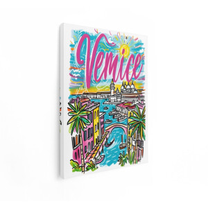 Artaza Canvas Schilderij Levendige Illustratie van Venetië met de Tekst 'Venice' en een Gondel - 90x120 cm - Groot - Wanddecoratie Woonkamer - Schilderijen - Muurdecoratie