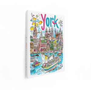 Artaza Canvas Schilderij Vrolijke Illustratie van de Skyline van York met Boten op het Water - 90x120 cm - Groot - Wanddecoratie Woonkamer - Schilderijen - Muurdecoratie
