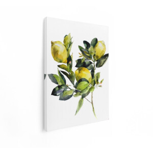 Artaza Canvas Schilderij Levendige Aquarel van Citroenen aan een Tak met Groene Bladeren - 60x80 cm - Wanddecoratie Woonkamer - Schilderijen - Muurdecoratie