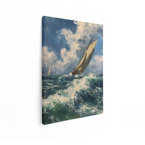 Artaza Canvas Schilderij Schilderij van een Zeilboot Die door Ruige Golven Vaart onder een Dramatische Hemel - 90x120 cm - Groot - Wanddecoratie Woonkamer - Schilderijen - Muurdecoratie