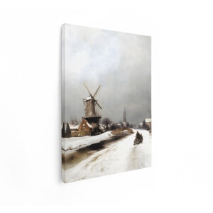 Artaza Canvas Schilderij Winterlandschap met Molen - Brug en Schaatsers op Bevroren Kanaal - 30x40 cm - Klein - Wanddecoratie Woonkamer - Schilderijen - Muurdecoratie