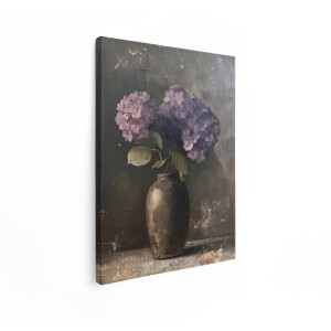 Artaza Canvas Schilderij Hortensia - 90x120 cm - Wanddecoratie Bloemen Stilleven - Muurdecoratie Vintage - Decoratie Paarse Vaas Brocante