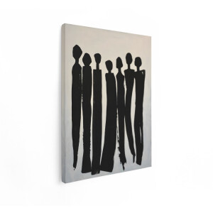 Artaza Canvas Schilderij Abstracte Schildering van Zeven Zwarte Silhouetten op een Witte Achtergrond - 30x40 cm - Klein - Wanddecoratie Woonkamer - Schilderijen - Muurdecoratie
