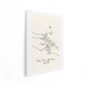 Artaza Canvas Schilderij Zorg voor de Aarde met Handen Die een Plantje Vasthouden en Vlinders - 60x80 cm - Wanddecoratie Woonkamer - Schilderijen - Muurdecoratie