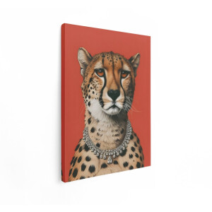 Artaza Canvas Schilderij Chique Cheetah met Diamanten Ketting op Rode Achtergrond - 30x40 cm - Klein - Wanddecoratie Woonkamer - Schilderijen - Muurdecoratie