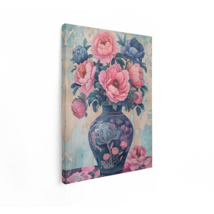 Artaza Canvas Schilderij Pioenrozen - 60x80 cm - Wanddecoratie Bloemen Stilleven - Muurdecoratie Vintage Vaas - Decoratie Roze