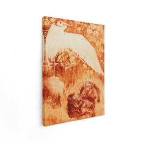 Artaza Canvas Schilderij Witte Reiger en Apen in een Bloemrijke Omgeving - Artistieke Ets in Oranje Tinten - 90x120 cm - Groot - Wanddecoratie Woonkamer - Schilderijen - Muurdecoratie