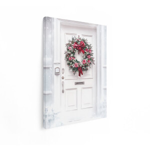 Artaza Canvas Schilderij Kerstkrans - 90x120 cm - Wanddecoratie Kerst - Muurdecoratie Rozen - Decoratie Witte Deur - Rood