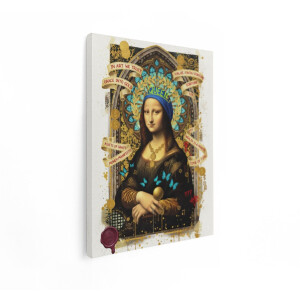 Artaza Canvas Schilderij Moderne Mona Lisa - 30x40 cm - Gouden Wanddecoratie - Muurdecoratie Vlinders - Schilderijen Op Canvas - Blauw