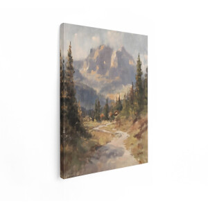 Artaza Canvas Schilderij Schilderij van een Kronkelend Pad door een Berglandschap met een Huisje - 60x80 cm - Wanddecoratie Woonkamer - Schilderijen - Muurdecoratie