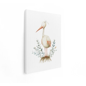 Artaza Canvas Schilderij Schattige Ooievaar Illustratie in Aquarel met Planten en Nest - 30x40 cm - Klein - Wanddecoratie Woonkamer - Schilderijen - Muurdecoratie