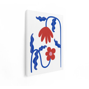 Artaza Canvas Schilderij Abstracte Rode Bloemen met Blauwe Bladeren en Stelen op Witte Achtergrond - 30x40 cm - Klein - Wanddecoratie Woonkamer - Schilderijen - Muurdecoratie