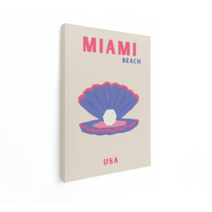 Artaza Canvas Schilderij Miami Beach Retro Poster met een Parel in een Open Oesterschelp - 60x80 cm - Wanddecoratie Woonkamer - Schilderijen - Muurdecoratie