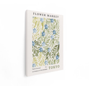Artaza Canvas Schilderij Bloemenmarkt Poster met Blauwe Bloemen en Bladeren - Tokyo Tentoonstelling - 90x120 cm - Groot - Wanddecoratie Woonkamer - Schilderijen - Muurdecoratie