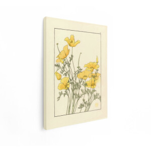 Artaza Canvas Schilderij Gele Klaprozen in een Gestileerde Illustratie met Delicate Groene Bladeren - 30x40 cm - Klein - Wanddecoratie Woonkamer - Schilderijen - Muurdecoratie