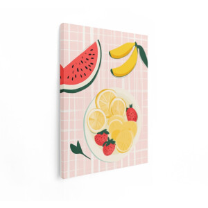 Artaza Canvas Schilderij Verse Vruchten op een Roze Geruite Achtergrond - Zomerse Sfeer - 30x40 cm - Klein - Wanddecoratie Woonkamer - Schilderijen - Muurdecoratie