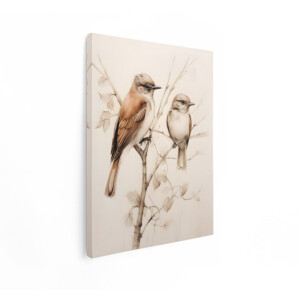 Artaza Canvas Schilderij Twee Bruine Vogels op een Tak - Aquareltekening in Sepia Tinten - 90x120 cm - Groot - Wanddecoratie Woonkamer - Schilderijen - Muurdecoratie