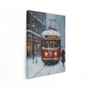Artaza Canvas Schilderij Een Rode Tram Rijdt door een Besneeuwde Stad met Warme Lichten - 60x80 cm - Wanddecoratie Woonkamer - Schilderijen - Muurdecoratie