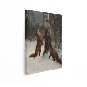 Artaza Canvas Schilderij Twee Vossen Spelen in de Sneeuw bij een Boom in een Winterbos - 30x40 cm - Klein - Wanddecoratie Woonkamer - Schilderijen - Muurdecoratie
