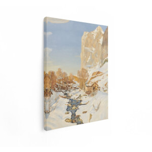 Artaza Canvas Schilderij Schilderachtige Alpenvallei met Besneeuwde Bergen en Kabbelend Beekje - 30x40 cm - Klein - Wanddecoratie Woonkamer - Schilderijen - Muurdecoratie