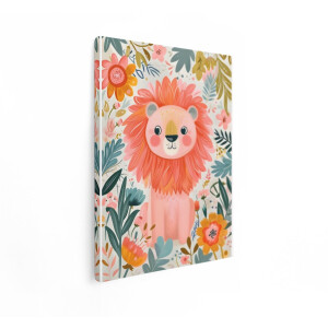 Artaza Canvas Schilderij Schattige Roze Leeuw met een Grote Oranje Manen Omringd door Bloemen - 90x120 cm - Groot - Wanddecoratie Woonkamer - Schilderijen - Muurdecoratie