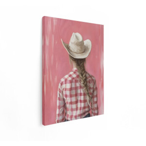 Artaza Canvas Schilderij Meisje met Cowboyhoed en Vlecht Draagt Geruite Blouse tegen Roze Achtergrond - 90x120 cm - Groot - Wanddecoratie Woonkamer - Schilderijen - Muurdecoratie