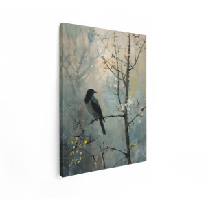 Artaza Canvas Schilderij Schilderij van een Vogel op een Tak in een Mistige - Impressionistische Bosomgeving - 90x120 cm - Groot - Wanddecoratie Woonkamer - Schilderijen - Muurdecoratie