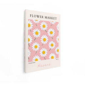 Artaza Canvas Schilderij Bloemenmarkt met Patroon van Madeliefjes op Roze Achtergrond - 90x120 cm - Groot - Wanddecoratie Woonkamer - Schilderijen - Muurdecoratie