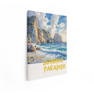 Artaza Canvas Schilderij Zomerse Kustlijn met Rotsen en Golven - Geschilderd in Aquarel - 30x40 cm - Klein - Wanddecoratie Woonkamer - Schilderijen - Muurdecoratie