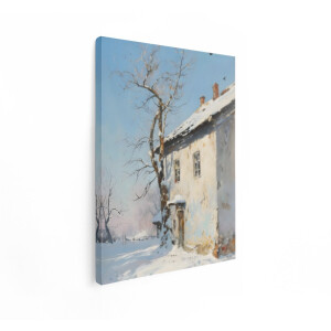 Artaza Canvas Schilderij Schilderij van een Oud Huis in de Sneeuw met een Boom en Vogels in de Lucht - 30x40 cm - Klein - Wanddecoratie Woonkamer - Schilderijen - Muurdecoratie