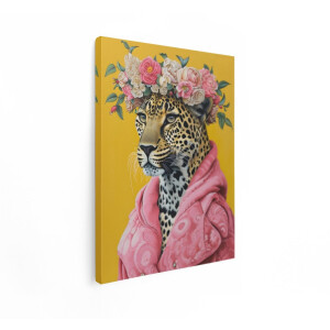 Artaza Canvas Schilderij Luipaard - 60x80 cm - Wanddecoratie Dieren - Muurdecoratie Bloemenkrans - Decoratie Kleurrijk - Roze
