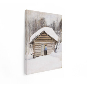 Artaza Canvas Schilderij Winterlandschap - 60x80 cm - Wanddecoratie Besneeuwd Bos - Muurdecoratie Houten Huisje - Decoratie Natuur