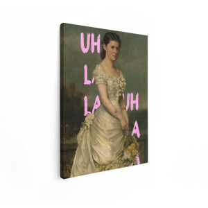 Artaza Canvas Schilderij Vrouw in Baljurk met Bloemen en Tekst "Uh La La Uh A" - 60x80 cm - Wanddecoratie Woonkamer - Schilderijen - Muurdecoratie
