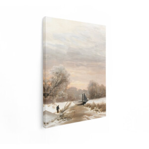 Artaza Canvas Schilderij Winterlandschap - 90x120 cm - Wanddecoratie Natuur - Muurdecoratie Brug Bevroren Rivier - Decoratie Zonsopgang