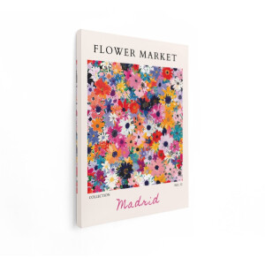 Artaza Canvas Schilderij Levendige Bloemenprint met de Tekst 'Flower Market' en 'Madrid' - 90x120 cm - Groot - Wanddecoratie Woonkamer - Schilderijen - Muurdecoratie