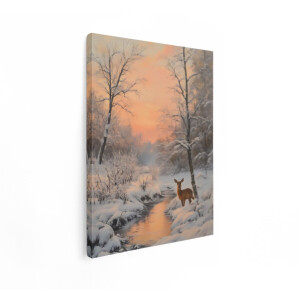 Artaza Canvas Schilderij Hert - 60x80 cm - Wanddecoratie Winterlandschap - Muurdecoratie Bos - Decoratie Zonsondergang - Schilderijen Op Canvas