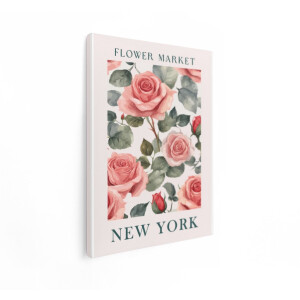 Artaza Canvas Schilderij Bloemenmarkt Poster met Roze Rozen en Tekst 'New York' - 90x120 cm - Groot - Wanddecoratie Woonkamer - Schilderijen - Muurdecoratie
