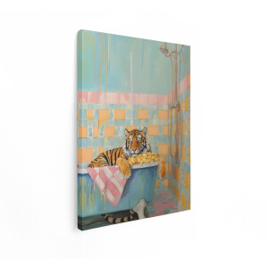 Artaza Canvas Schilderij Tijger In Bad - 90x120 cm - Wanddecoratie Badkamer - Muurdecoratie Dieren - Decoratie Retro Pastel
