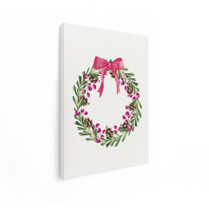 Artaza Canvas Schilderij Handgeschilderde Kerstkrans met Dennenappels en Rode Bessen Versierd met Strik - 30x40 cm - Klein - Wanddecoratie Woonkamer - Schilderijen - Muurdecoratie