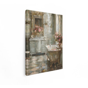 Artaza Canvas Schilderij Sfeervolle Olieverfschilderij van een Badkamer met Bloemen en een Bad - 30x40 cm - Klein - Wanddecoratie Woonkamer - Schilderijen - Muurdecoratie
