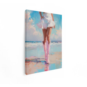 Artaza Canvas Schilderij Vrouw in Witte Jurk en Roze Laarzen Loopt op Strand bij Zonsondergang - 60x80 cm - Wanddecoratie Woonkamer - Schilderijen - Muurdecoratie