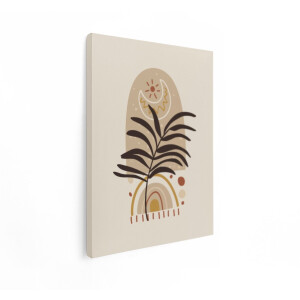 Artaza Canvas Schilderij Abstracte Boho-Kunst met Elementen van Palmbladeren - de Zon - de Maan en een Regenboog - 90x120 cm - Groot - Wanddecoratie Woonkamer - Schilderijen - Muurdecoratie