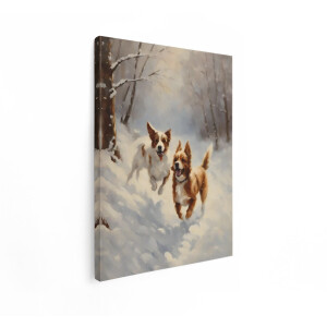 Artaza Canvas Schilderij Honden - 60x80 cm - Wanddecoratie Dieren - Muurdecoratie Winter - Decoratie Besneeuwd Bos - Schilderijen Op Canvas