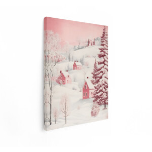 Artaza Canvas Schilderij Winterlandschap - 90x120 cm - Wanddecoratie Natuur - Muurdecoratie Roze Huisjes - Schilderijen Landschap - Roze
