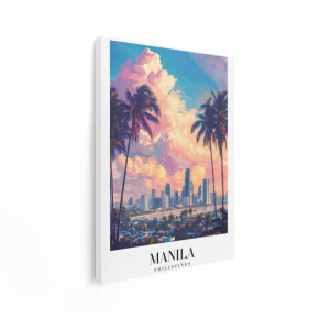 Artaza Canvas Schilderij Manila Skyline met Palmbomen en een Kleurrijke Zonsondergang in de Filipijnen - 60x80 cm - Wanddecoratie Woonkamer - Schilderijen - Muurdecoratie